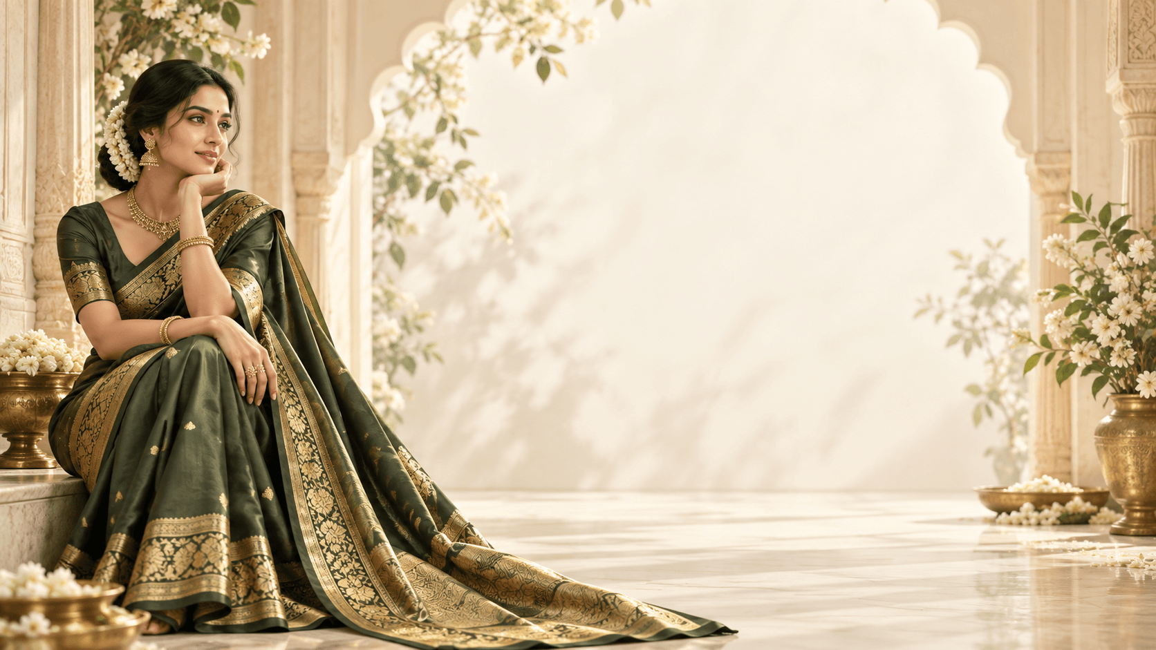 Indian model wearing an olive and champagne zari saree in the Gayathri studio